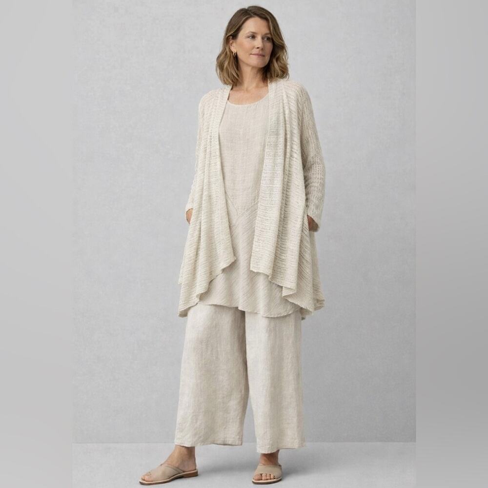 Eileen Fisher Minimal Italian Linen Tonal Open Cardigan, Lagenlook, Beige, L